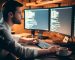 Focused young developer coding late in office writing script shown on computer monitors, serious handsome coder programmer hacker programming developing software applications working alone at night